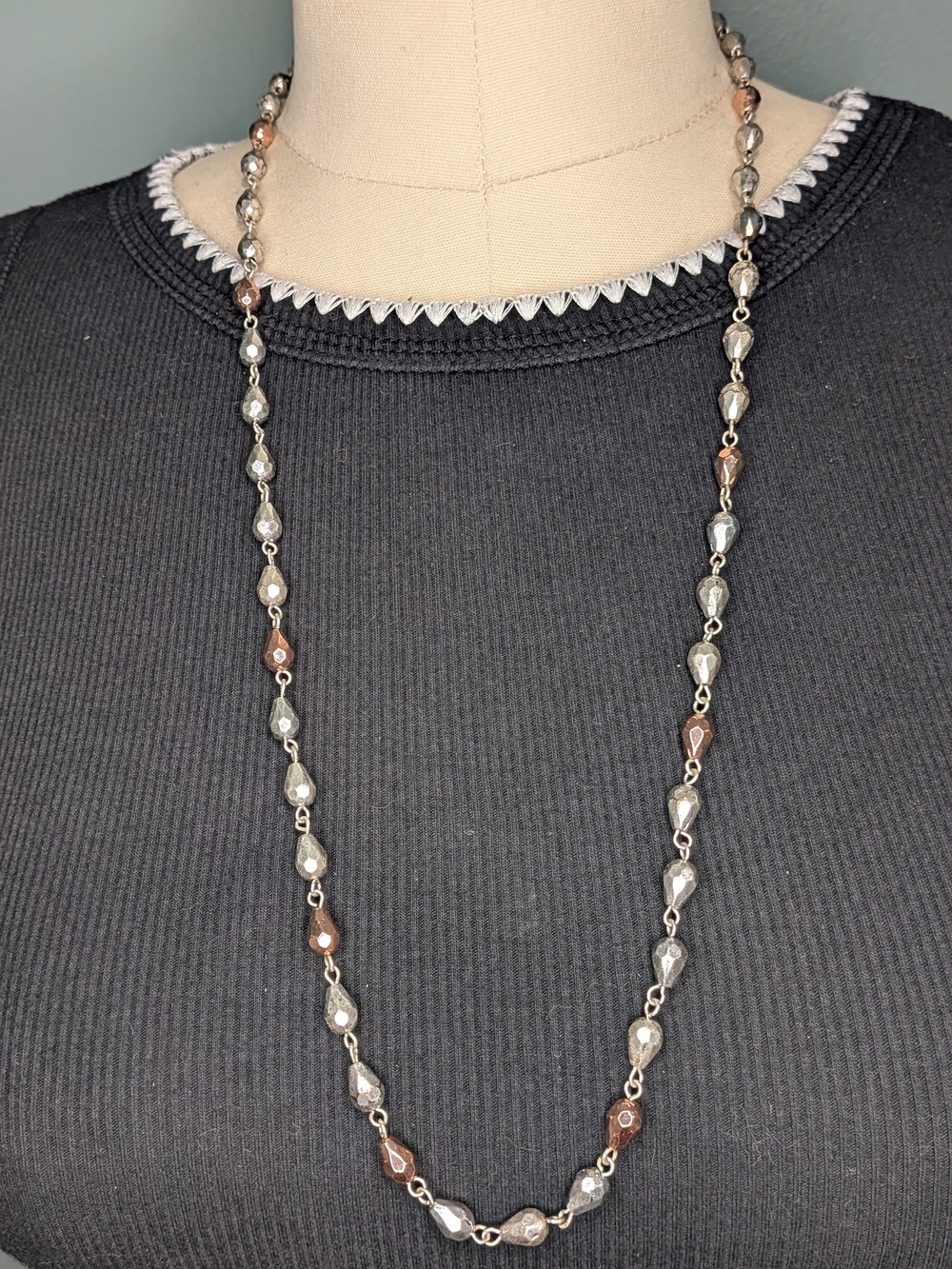 Lucky Brand Mixed Metal Faceted Teardrop Bead Station Long Chain Necklace Charm